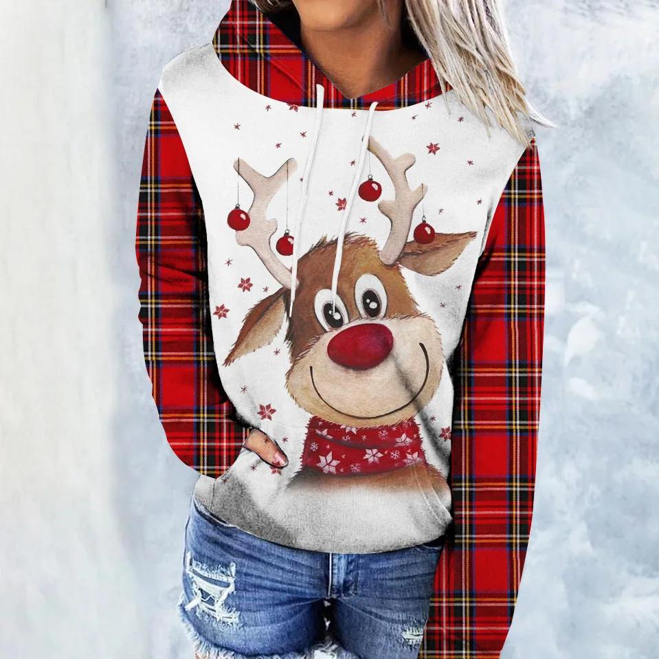 

Осенняя женская мода мультфильм рождественские элементы 3D принт рендеринг толстовка с капюшоном длинный рукав повседневный свободный 6XL