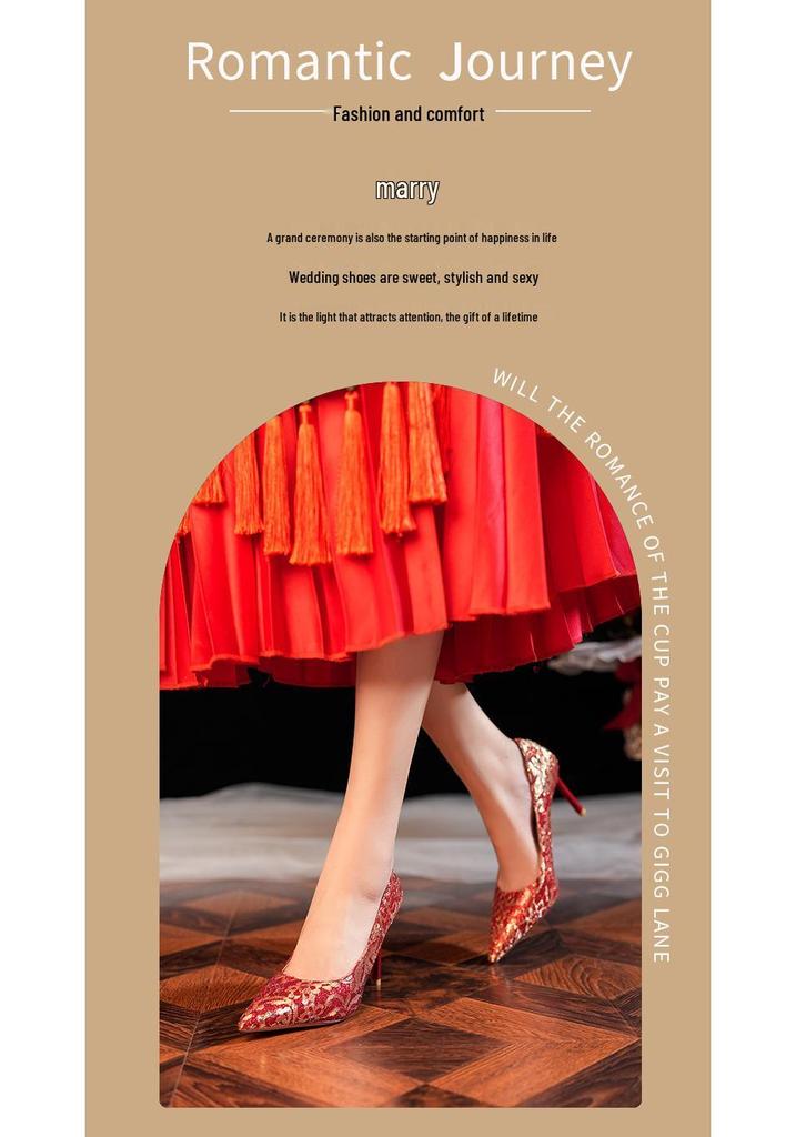 Elegant Red Silk Stiletto Heels with Gold Trim - Ideal for Weddings, Banquets, and Formal Events