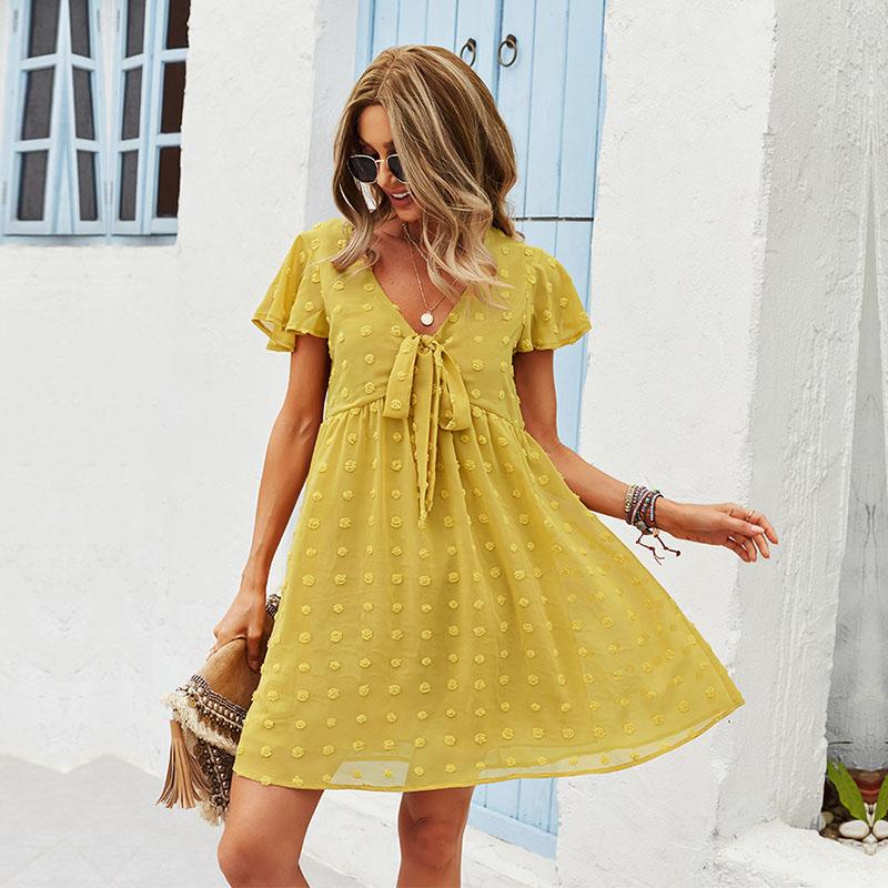 Sommer Herbst Feste Kurze Kleid Frauen Casual V-ausschnitt Kurze Schmetterling Hülse Verband Hohe Taille S-XL