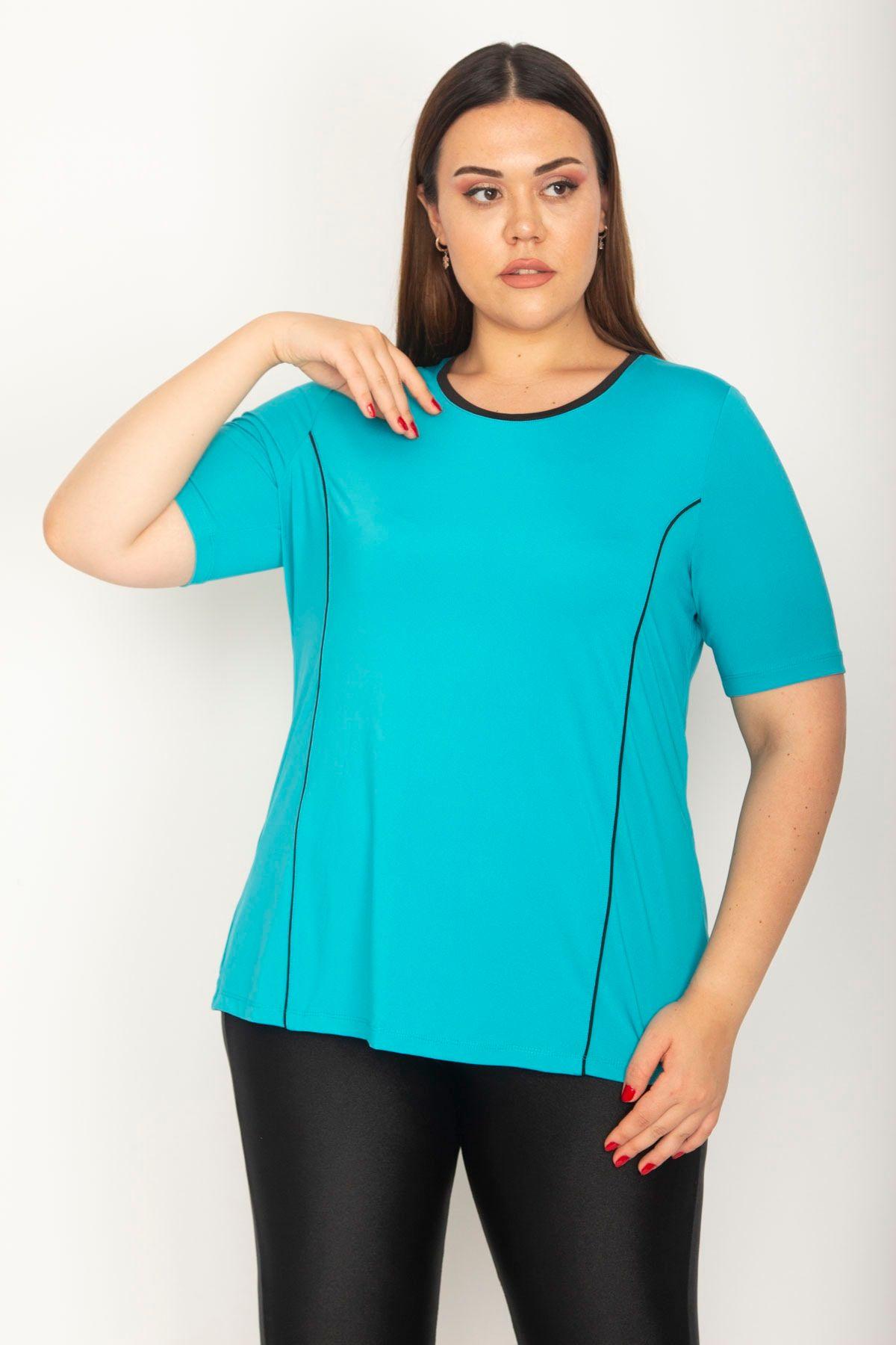

Women s Big Size Blouse Plus Size Turquoise Piping and Cup Detailed Sports Blouse 3XL/4XL