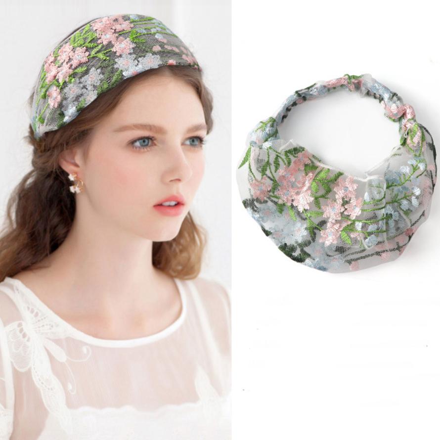 Female Ethnic Hairbands Elastic Embroidery Lace Flower Headband Chiffon Wide Head Wrap for Women Cross Knotted Hair Accessories