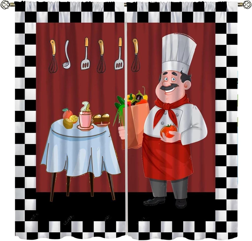 Chef Window Curtains, Fat Funny Cook Theme Curtains For Bedroom & Living Room, Red Black Buffalo Check Plaid Kitchen Drape