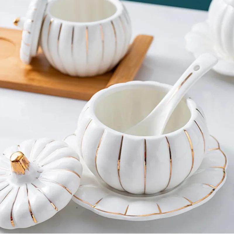 Creative Pumpkin Cup Set, Ceramic Stew Pot, Spoon Saucers Sets, Gold Rim with Cover, Bird's Nest Sugar Water Bowl, Kitchen