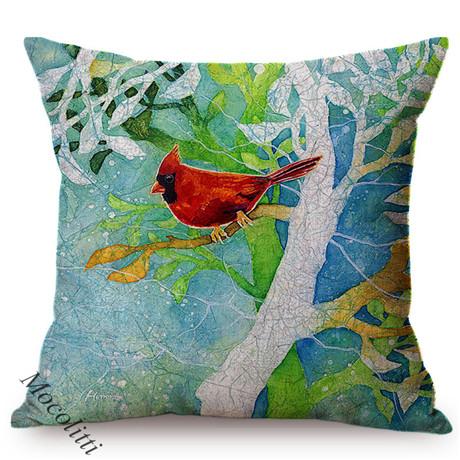 Spring Colorful Home Decoration Cushion Cover Cardinal Bird Style Water Color Art Cotton Linen Square Sofa Throw Pillow Case