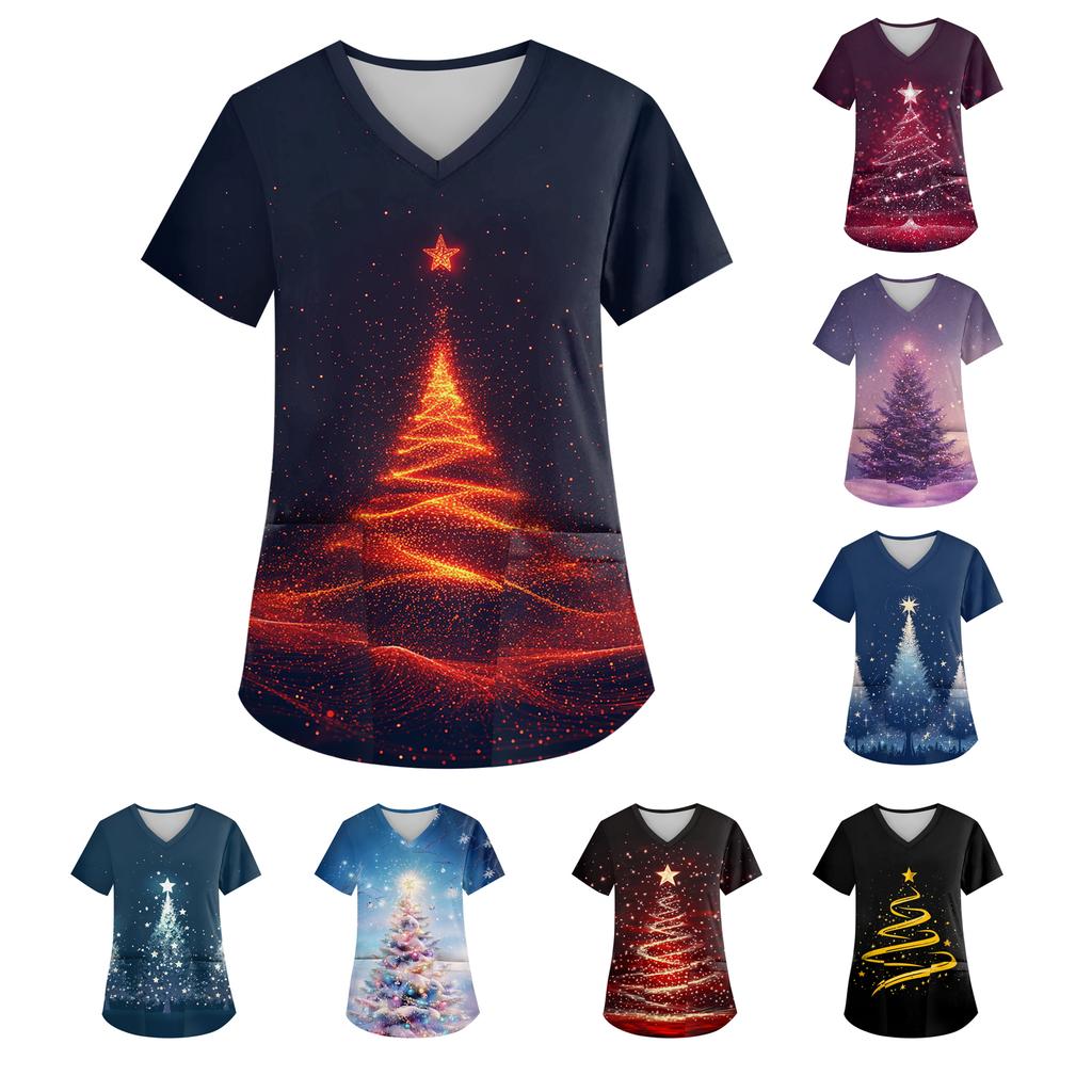 Dámský top s výstřihem do V, vánočním potiskem, krátkým rukávem, kapsou a bočním rozparkem