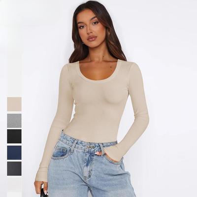 Solid Color Threaded U Neck Bottom Shirt Y2K Clothes Women's Long Sleeves Slim Shirt Women Positive Shoulder Tops