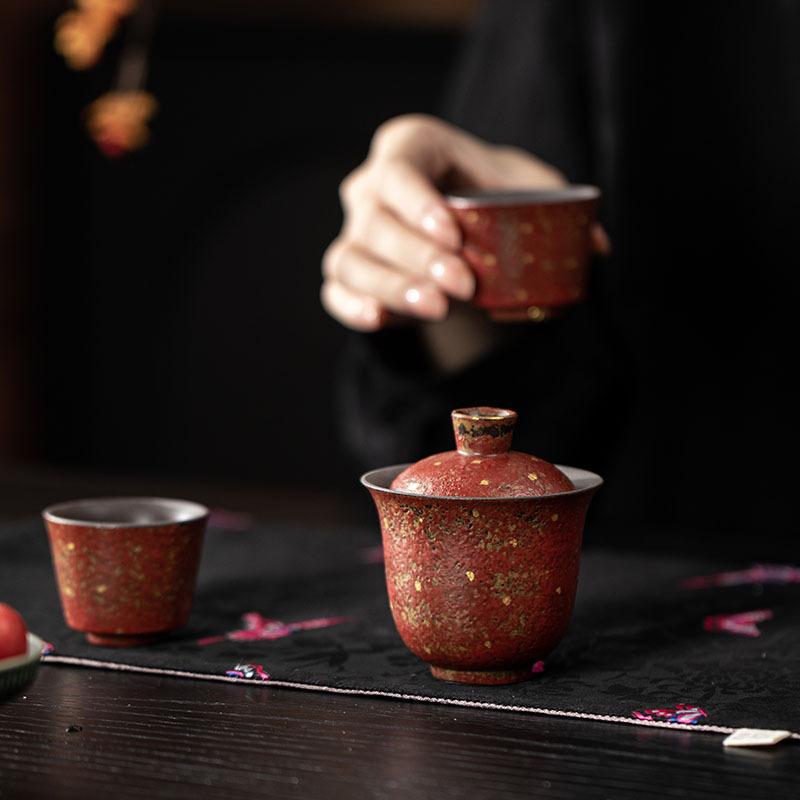 130ml Kiln Change Red Old Rock Mud Gaiwan Retro Tea Tureen Teas Bowl With Lid Kit Tea Maker Cover Bowl Kung Fu Tea Set Decor