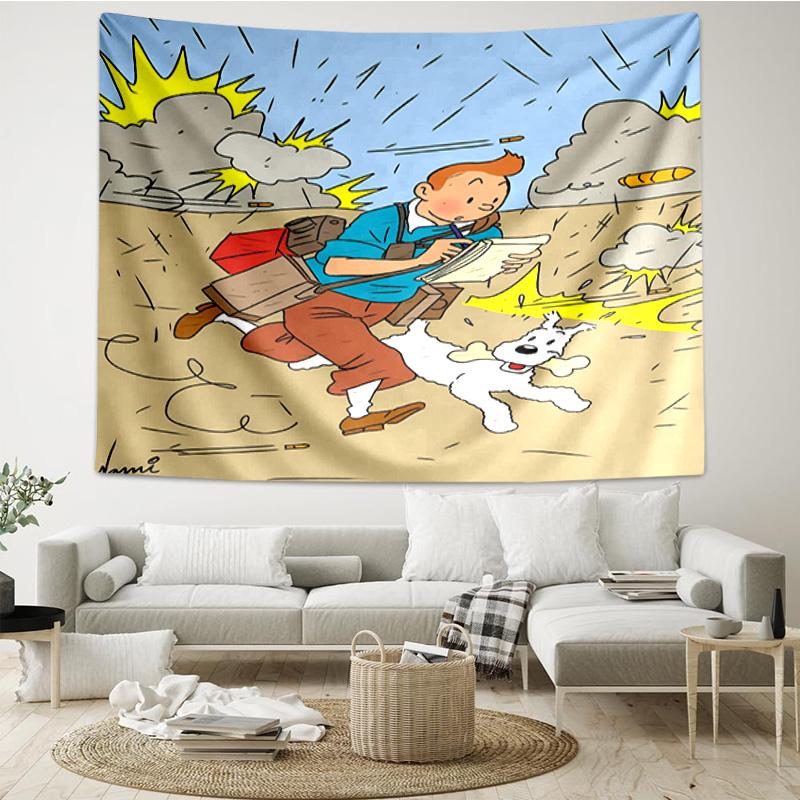 Tintin's Avonturenstad Sneldrogend Wandkleed voor Slaapkamer, Woonkamer, Speelkamer, Decoratie Kunstkamer Wandkleed Vakantie- en Verjaardagscadeaus