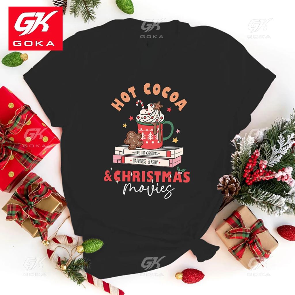 Fashion Hot Cocoa Christmas Movies Printed Short Sleeve Hot Cocoa Christmas Movies Cotton T Shirt for Women Casual Tops T Shirts
