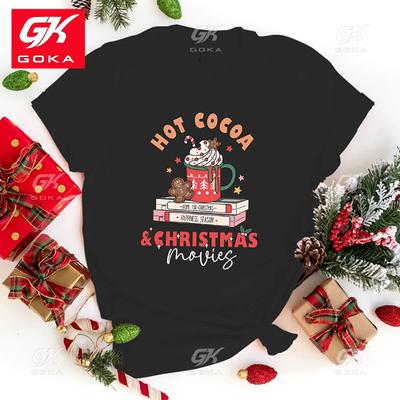 Fashion Hot Cocoa Christmas Movies Printed Short Sleeve Hot Cocoa Christmas Movies Cotton T Shirt for Women Casual Tops T Shirts