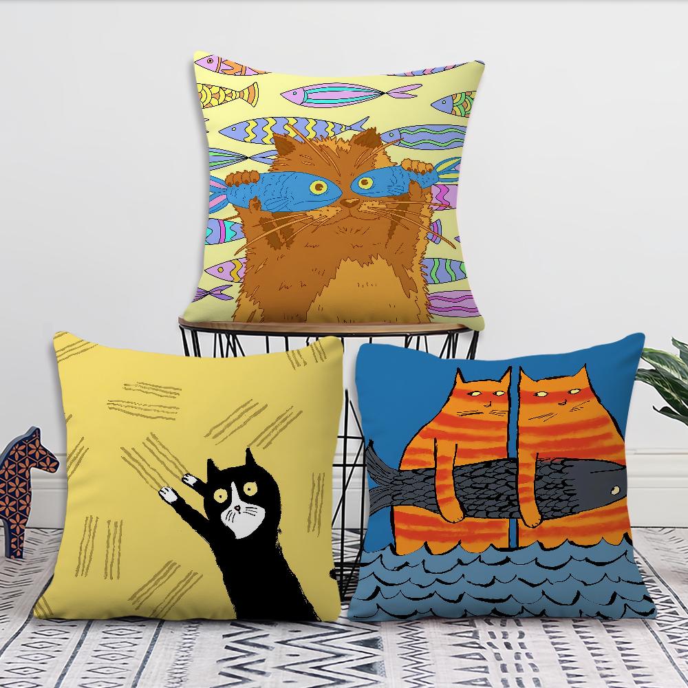Cute fish Cat Funny Abstract Art meme cushion cover soft Pillow Case for Sofa Living Room Home office Decor Protective Covers