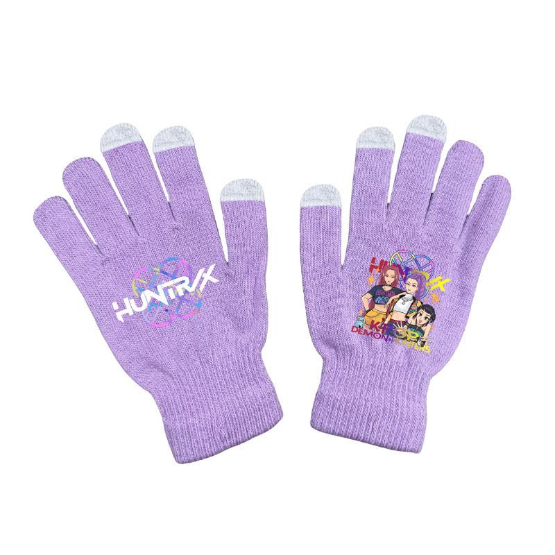Kids Boys Girls Kpop Hunters Derpy Rumi Zoey Mira Printed Velvet Autumn Winter Warm Knitted Gloves