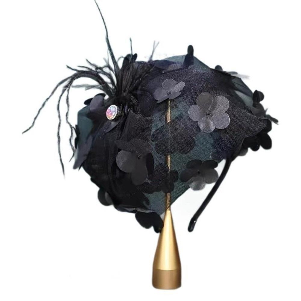 Luxury Feather Hat Hair Hoop Black/White Net Hairband Stylish Mesh Veil Headdress Caps  for Women