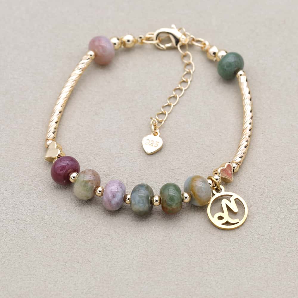 Women Constellation Zodiac Charm Strand Bracelet Natural Stone Indian Jasper Beads Gold Plated Fashion Jewelry Gifts