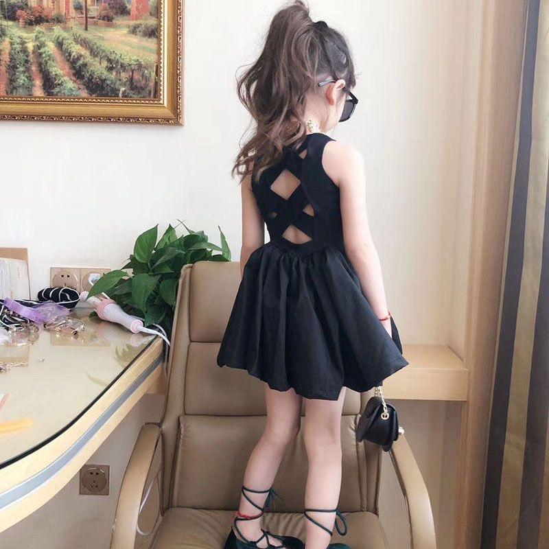 Letnia Elegancka Gotycka Sukienka dla Dziewczynek Czarna Bez Rękawów Sukienka Tutu Odkryte Plecy Odkryte Ramiona Imprezowa Sukienki dla Dzieci