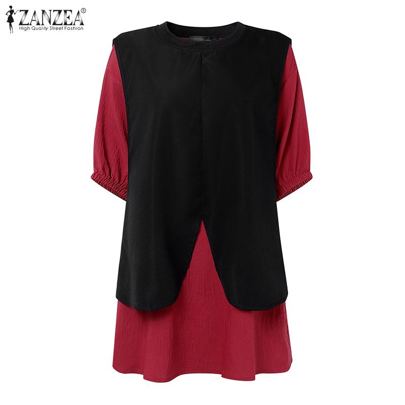 ZANZEA Women Short Sleeve Patchwork Casual Loose Blouse