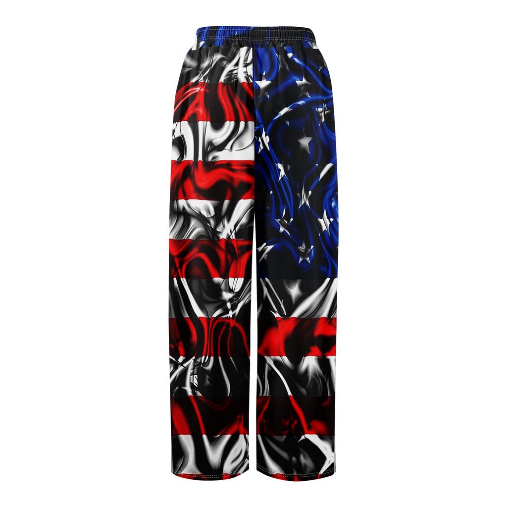 Women Summer Boho Palazzo Pants High Waist Wide Leg Independence Printing Casual Trousers With Pockets