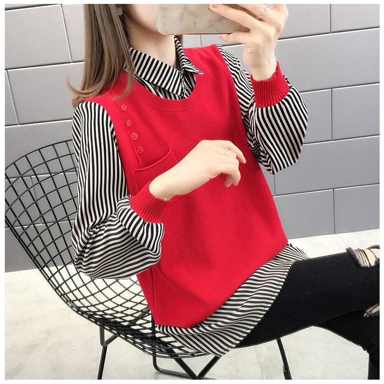 Fake Two Piece Striped Shirt Sweaters Women's Lapel Collar Long Sleeve Pullover Tops Spring Autumn Outerwear Knitted Sweater