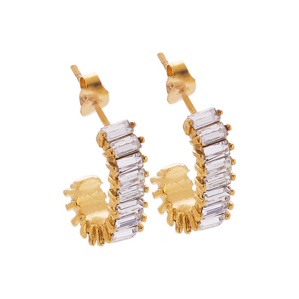 18K Gold Plated White Diamond Hoop & Stud Earrings - French Style Titanium Steel