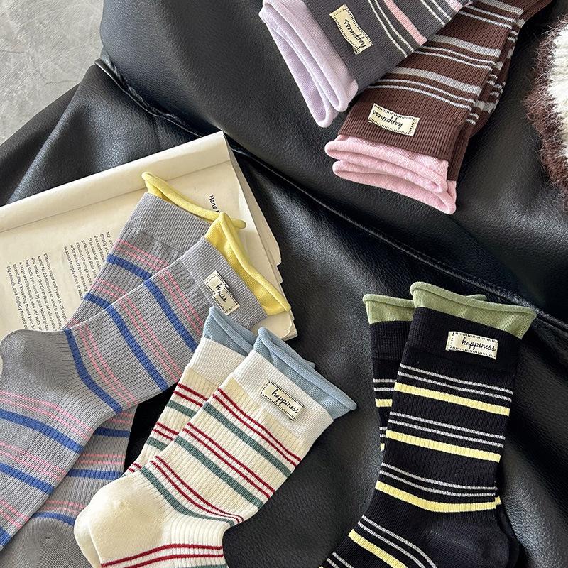 Striped Socks Women Color Matching Cloth Label Medium Tube Socks Japanese JK School Students Knitted Cotton Elastic Long Socks