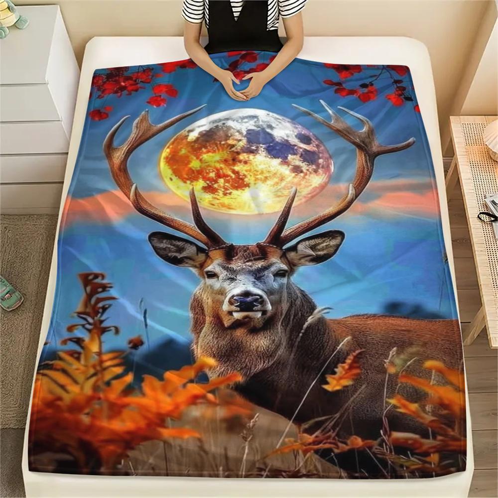 1Pc Deer in Forest Print Flannel Blanket, High quality Comfortable for All Seasons, Home Decor, Warmth and Comfort, Perfect for Gifts