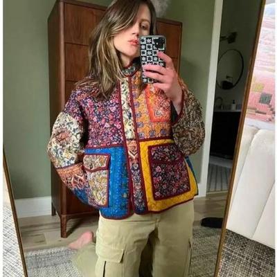 Dámske prešívané kabáty s kvetinovou potlačou, vintage, so stojacím golierom, zapínanie na gombíky, bavlnené oblečenie, zimný nový voľný kabát, dámske oblečenie