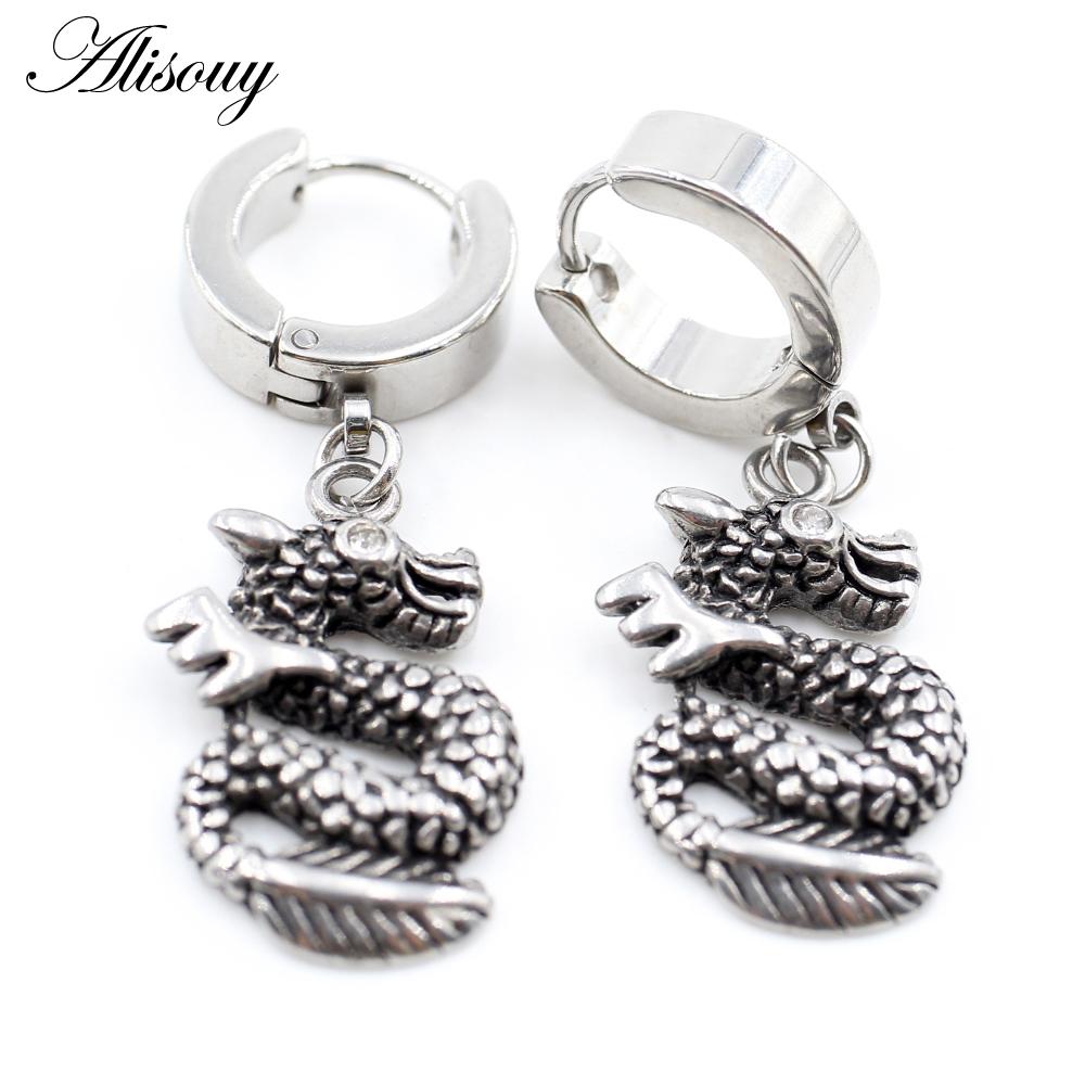 Alisouy 2PCS Stainless Steel Star Cross Snake Spike Skull Sword Blade Chain Feather Spider Dangle Women Men Huggie Hoop Earrings