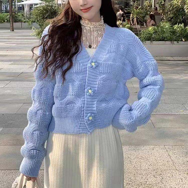 

Женский кардиган в корейском стиле: Весна Осень Зима Верхняя одежда Свободный трикотаж Французский короткий топ One Size синий