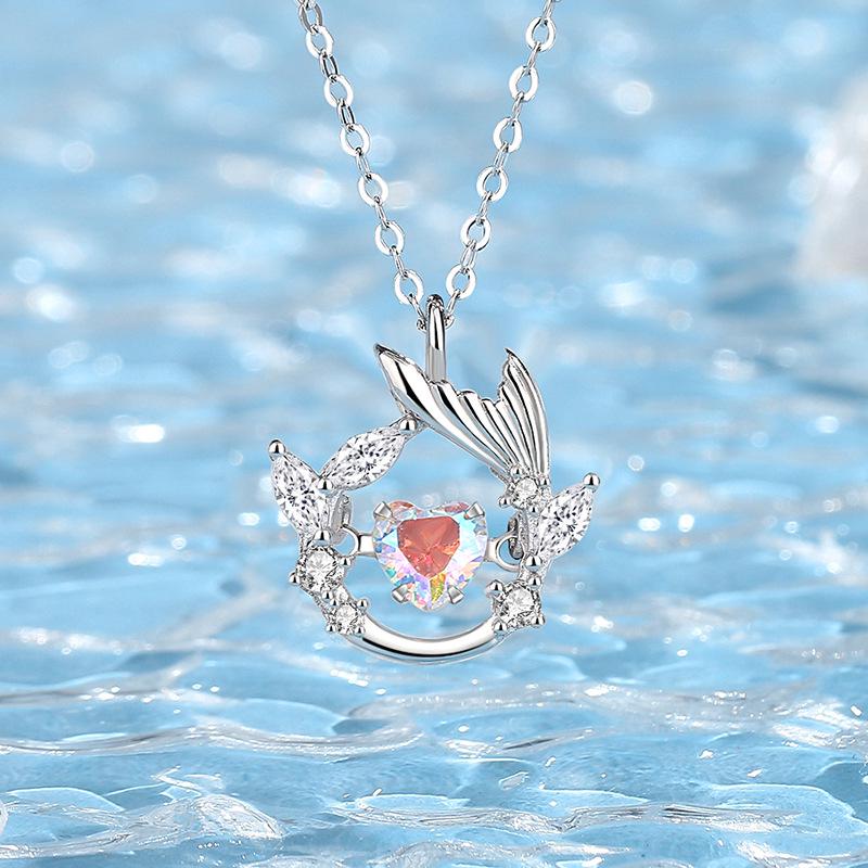 S925 Sterling Silver Heart & Fish Tail Necklace - Versatile Niche Design, Forest Style Clavicle Chain
