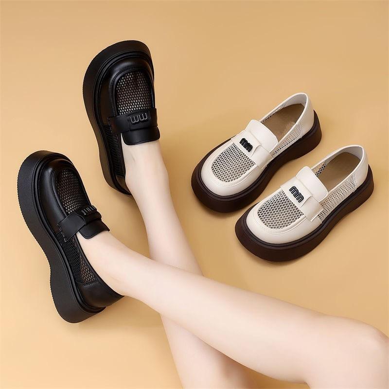 One Pedal Mesh Small Leather Shoes Women's 2025 New Spring and Summer Hollow Breathable Soft Bottom Shallow Mouth Loafers Light and Thin