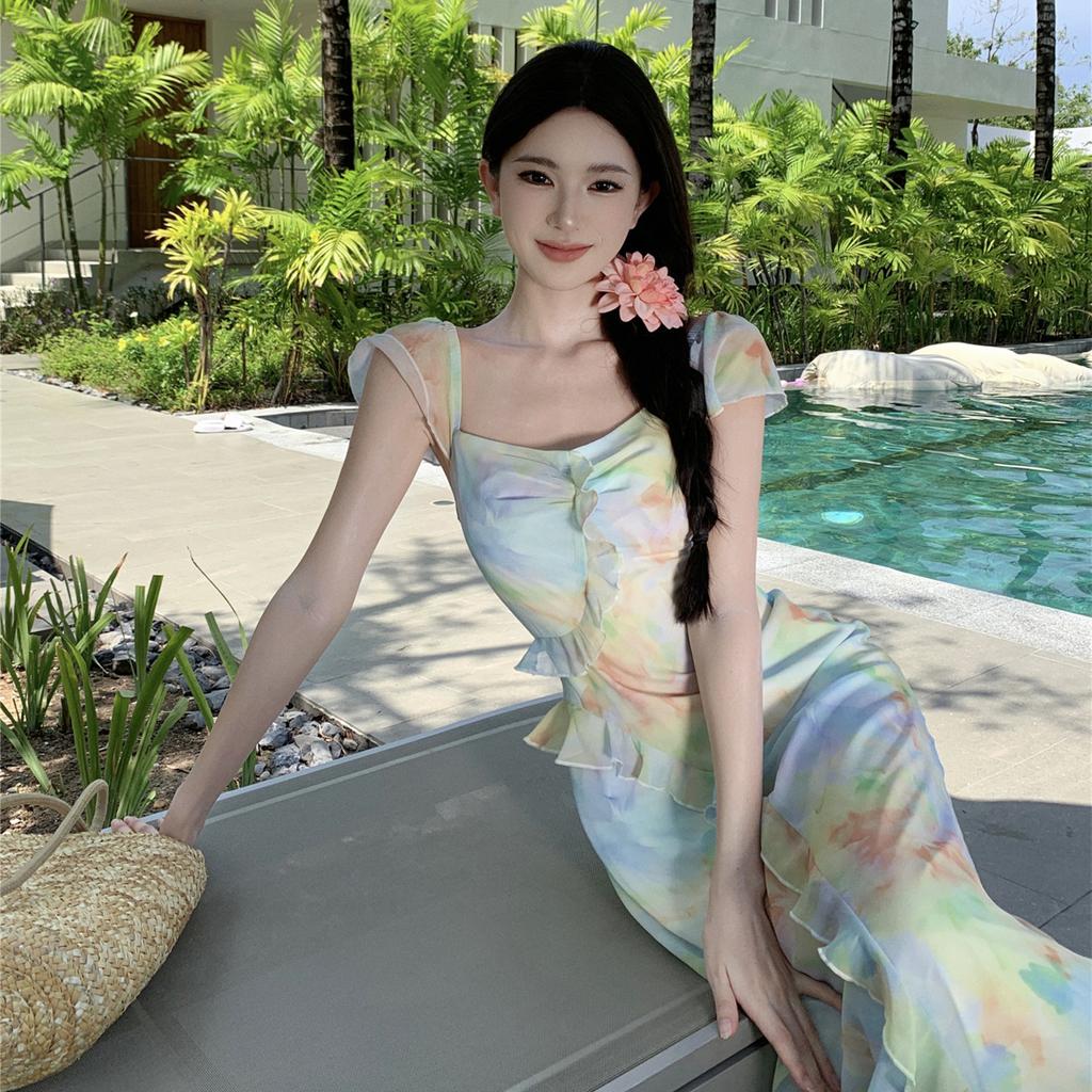 French Romantic Smudged Chiffon Temperament Seaside Vacation Dress Summer Oil Painting Flying Sleeves Slim Fairy Long Dress