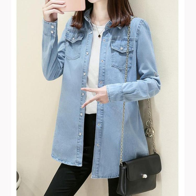 Camisa Vaquera para Mujer Manga Larga Corte Holgado Longitud Media Chaqueta Vaquera Camisa Base de Primavera Talla Grande Chaqueta Fina