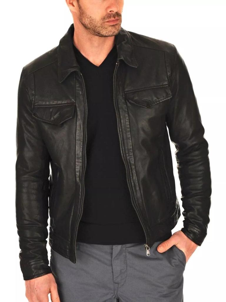 AL KHALID Men's Real Leather Black Lambskin Spread Collar Biker Jacket Street Fashion Wear