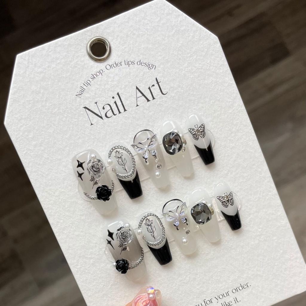 HANDMADE Artificial Nail Diamond Crystal Butterfly Camellia Gradient Phototherapy Nails Reusable and Removable Nails