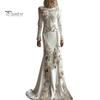Halloween Cosplay Costume Women Skeleton Print Maxi Dress, Gothic Long Sleeve Dress with Velvet 3D Flower Decor, Floral for Party