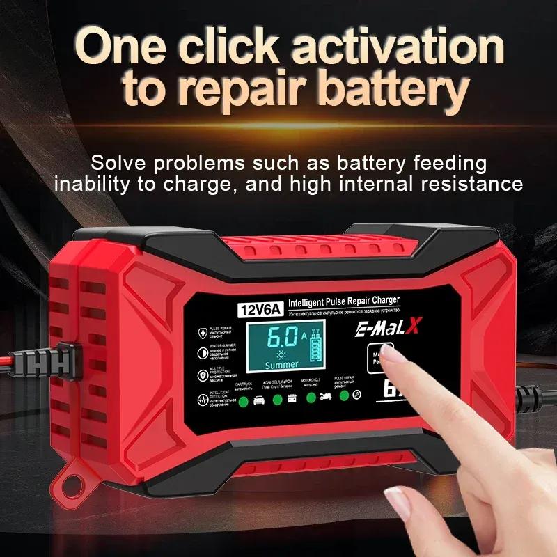 12V 6A Car Battery Charger Pulse Repair LiFePO4 14.6V Smart Fast Charge AGM Deep Cycle GEL Lead-Acid Charger For Auto Motorcycle