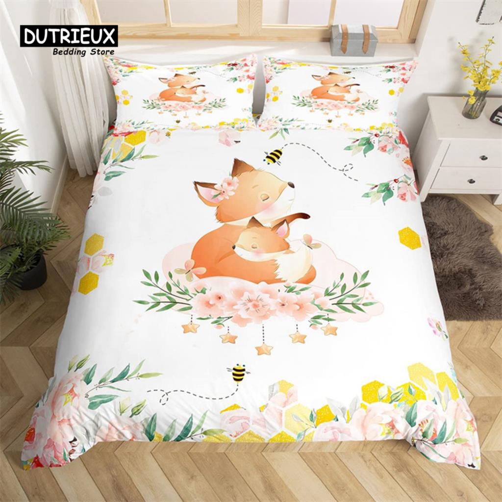 Niedliches Milchkuh Bettwäsche-Set King Cartoon Tier Bettbezug Botanisch Floral Steppdeckenbezug Mikrofaser Bauernhaus Tagesdecke Bezug