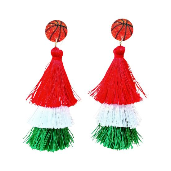 

1 Pair Drop Earrings Sports-Themed Baseball Football Basketball Style Lightweight Soft Layered Tassels Red White Green Earrings Cheer Accessories C