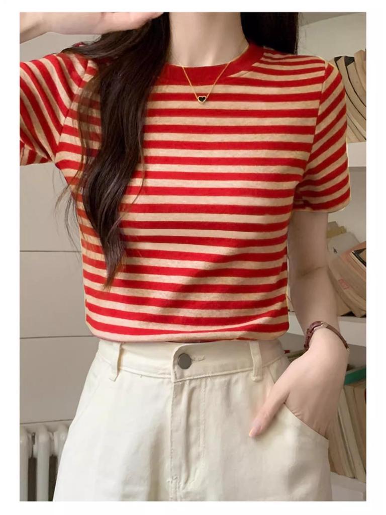 New Summer High-End Hong Kong Style Petite Cotton Striped Short-Sleeve Women's T-Shirt