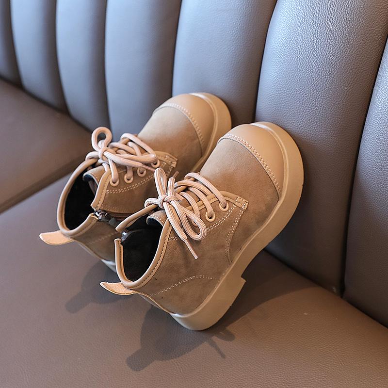 Girls' Short Boots British Style Children's Plush Boots Autumn and Winter Style Little Girl Leather Boots Boys Warm Short Boots