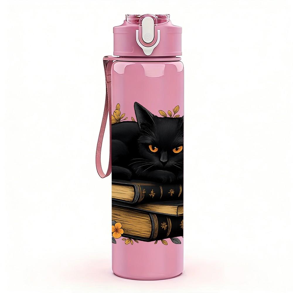 1PC Black Cat Stacked Books Graphic 750ml Color Plastic Sports Water Bottle Leakproof Flip Straw Lid Suitable for Sports Office Home Use