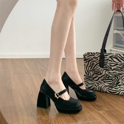 Französische Mary-Jane-Schuhe für Damen, Frühlingstemperament, dicke Absätze, schmale High Heels.