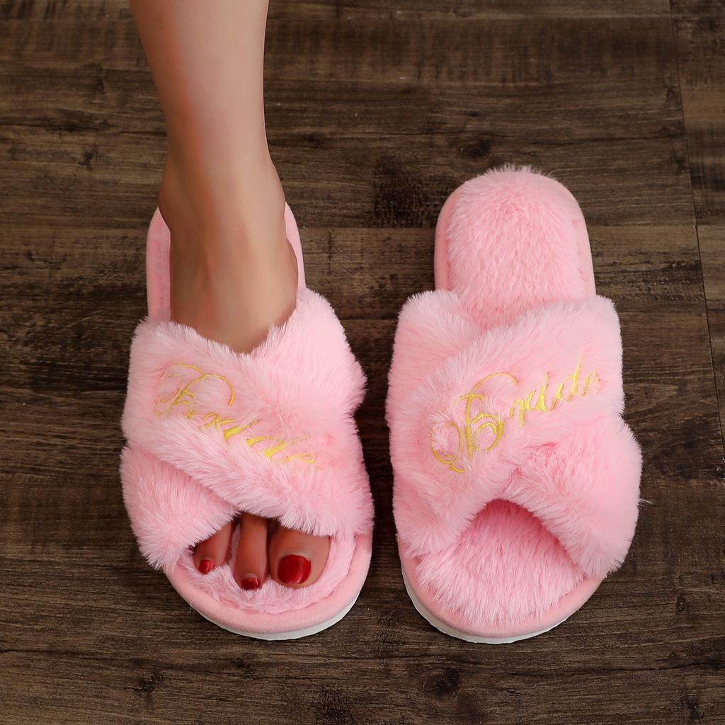Embroidered Plush Slippers Indoor Anti Slip and Toe Exposed Slippers