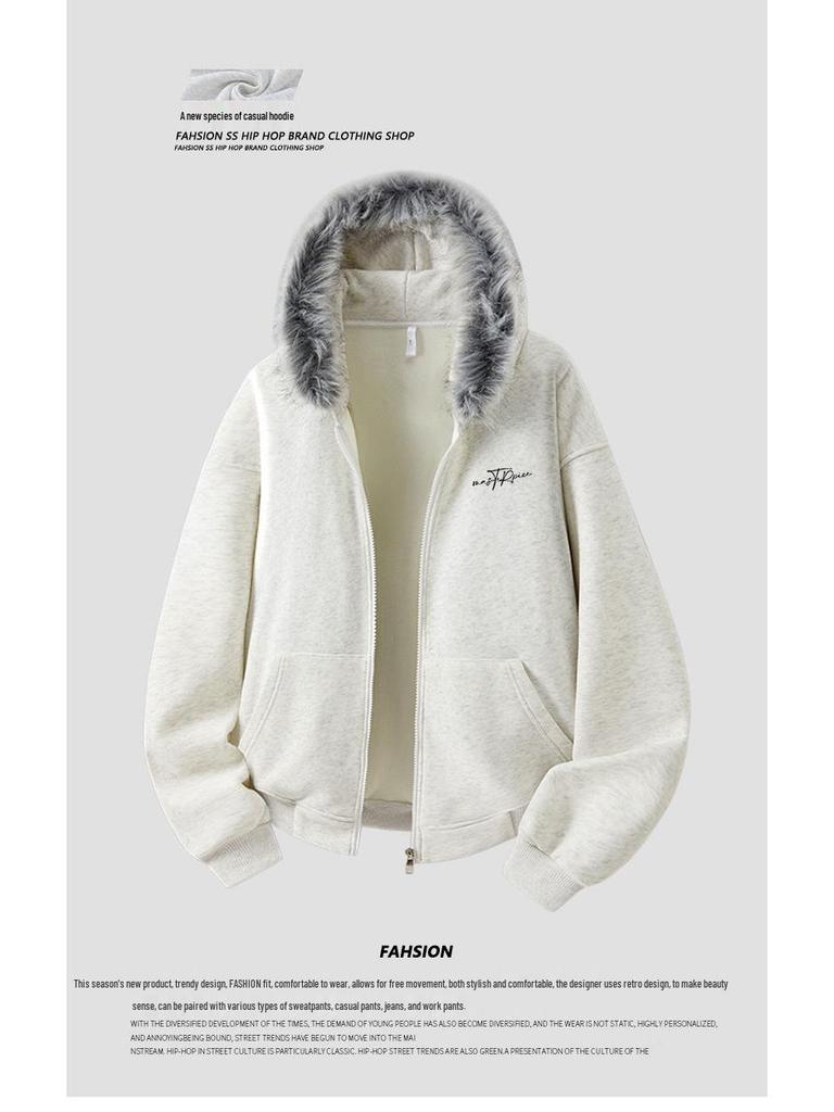 Retro bluza z kapturem o luźnym kroju z futrzanym kołnierzem - Polarowa odzież wierzchnia unisex na jesień i zimę