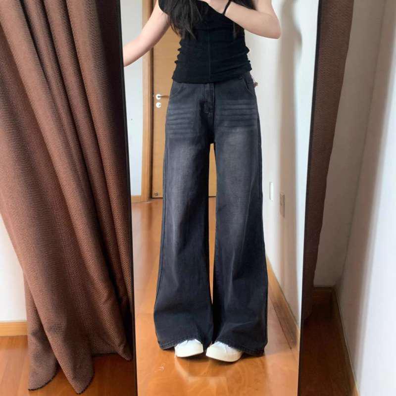 Women s Black-Gray Wide-Leg High-Waisted Jeans - Loose, Slimming, Trendy, Versatile for Spring/Autumn Small (S)