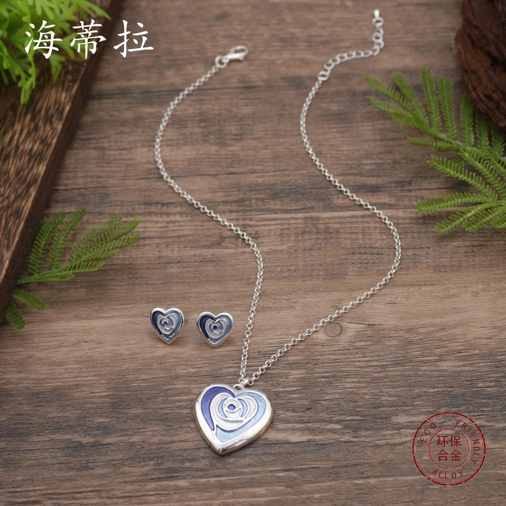Luxury new enamel color love stud earrings pendant set, women's simple and fashionable heart stud earrings necklace set