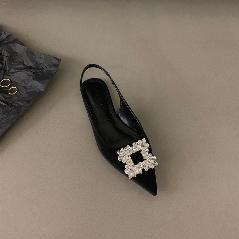 2025 new summer French flat-bottomed non-slip black bag head sandals women's versatile rhinestone pointed temperament single shoes