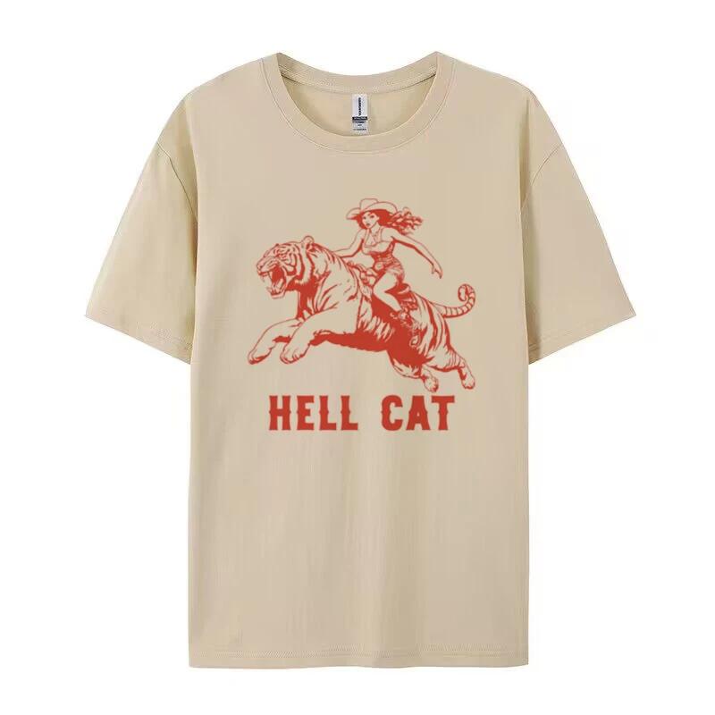 Hell Cat Tiger Print Graphic Tees Women Hippie Funny T Shirt Vintage Western Cowgirl Tshirts FeUnisex Aesthetic Retro Boho Tops