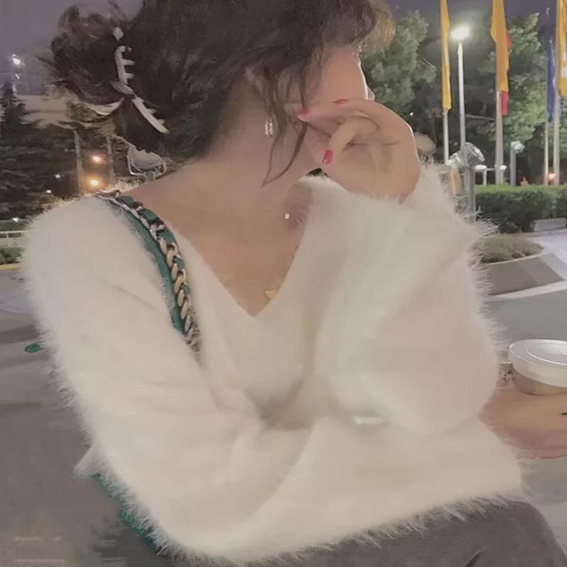 2023 Herbst/Winter Koreanischer V-Ausschnitt Langarm Nerzpelz Lockerer Pullover - Schlankmachendes Altersloses Oberteil