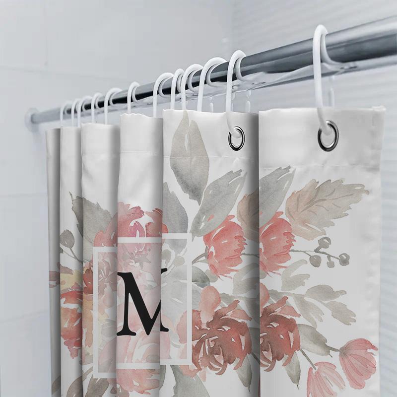 Custom Initial Monogrammed Shower Curtain For Bathroom Decor Watercolor Floral Design, White, Pink Gray Colors (M S